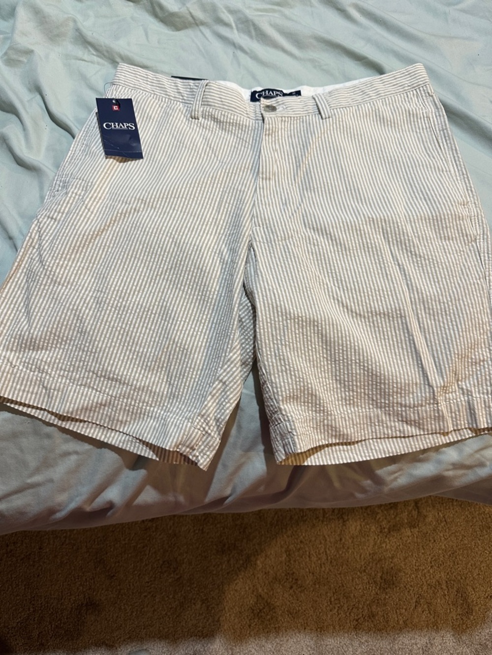 Chaps Men’s White and Light Khaki Striped Shorts